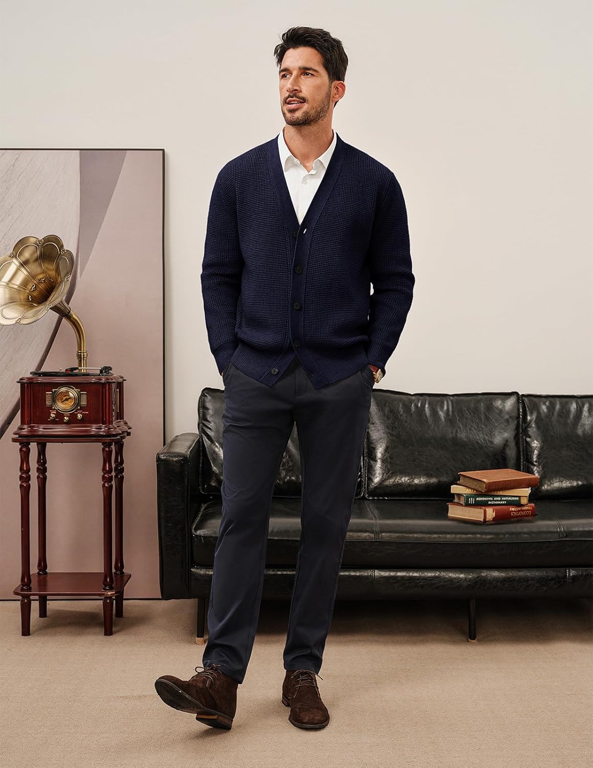 PJ PAUL JONES Mens Waffle Textured Cardigan Sweater Long Sleeve V-Neck Knitted Sweaters - Image 3