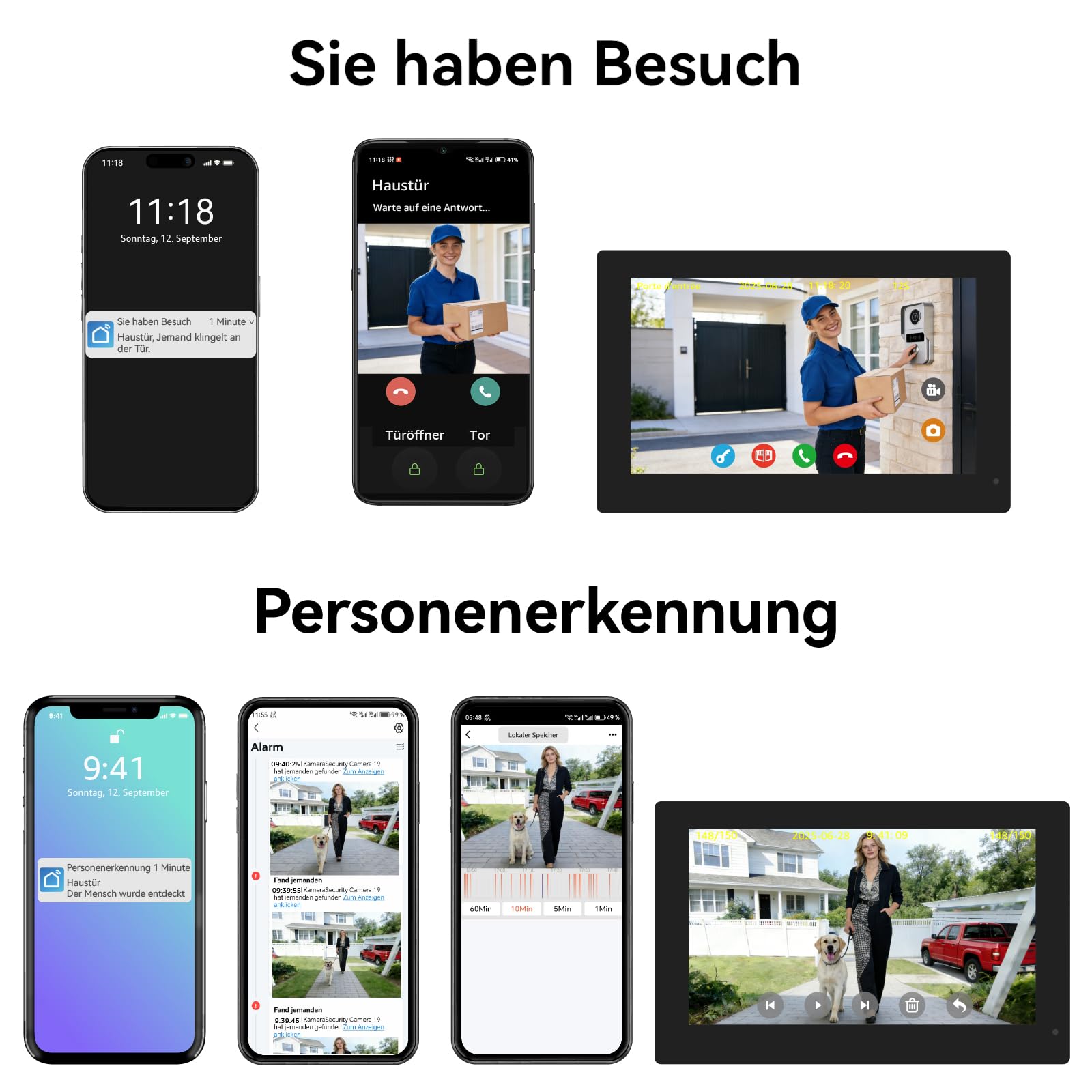 Video Türklingel mit Kamera, 2-Draht, Türsprechanlage mit 7" Farb-Touchscreen, Entsperren und Zwei-Wege-Audio, Gegensprechanlage mit Türöffner, Personenerkennung