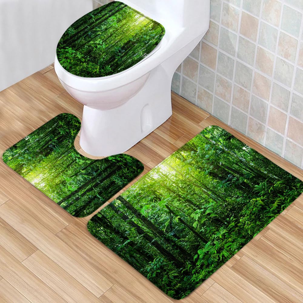3pcs/Set Rain Forest Scenery Bath Rugs Tropical Plants Primary Forest Natural Landscapes Green Leaves View Low Pile Memory Foam Bathroom Decor Rug U Shape Mat Toilet Lid Cover 17.7 x 29.5 Inch