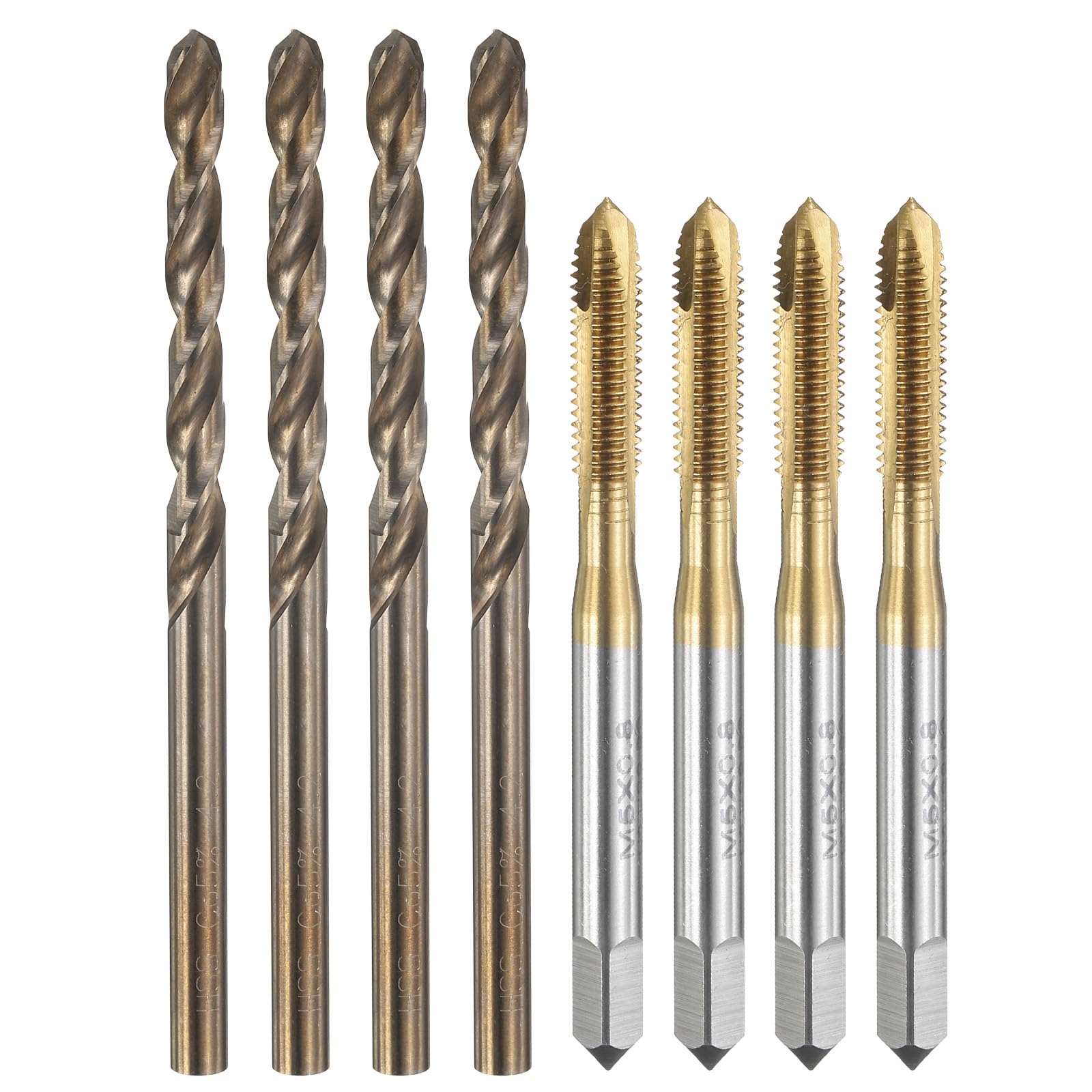 QUARKZMAN Set di Punte e Maschi per Filettare, 4pz M5 x 0.8 Maschi a Spirale Metrici per Filettare & 4pz Punte da Trapano da 4.2mm, Rivestiti in Titanio/Giallo Arrostito HSS-6542/M35