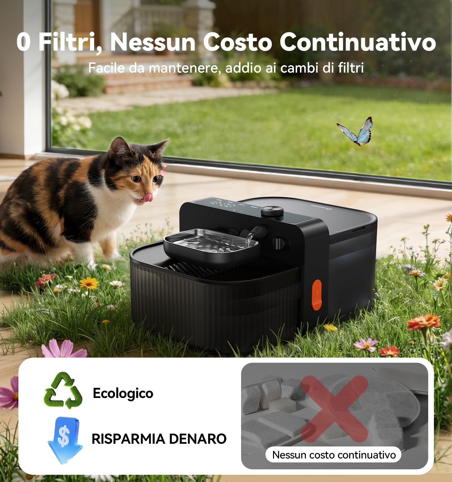 FEELNEEDY Fontanalla per Gatti senza Fili e senza Filtro con Pila 3000mAh | 3,5L Fontana per gatti senza Fili con Separazione Tra Acqua Pulita e Acqua Usata, Ciotola in Acciaio Inossidabile