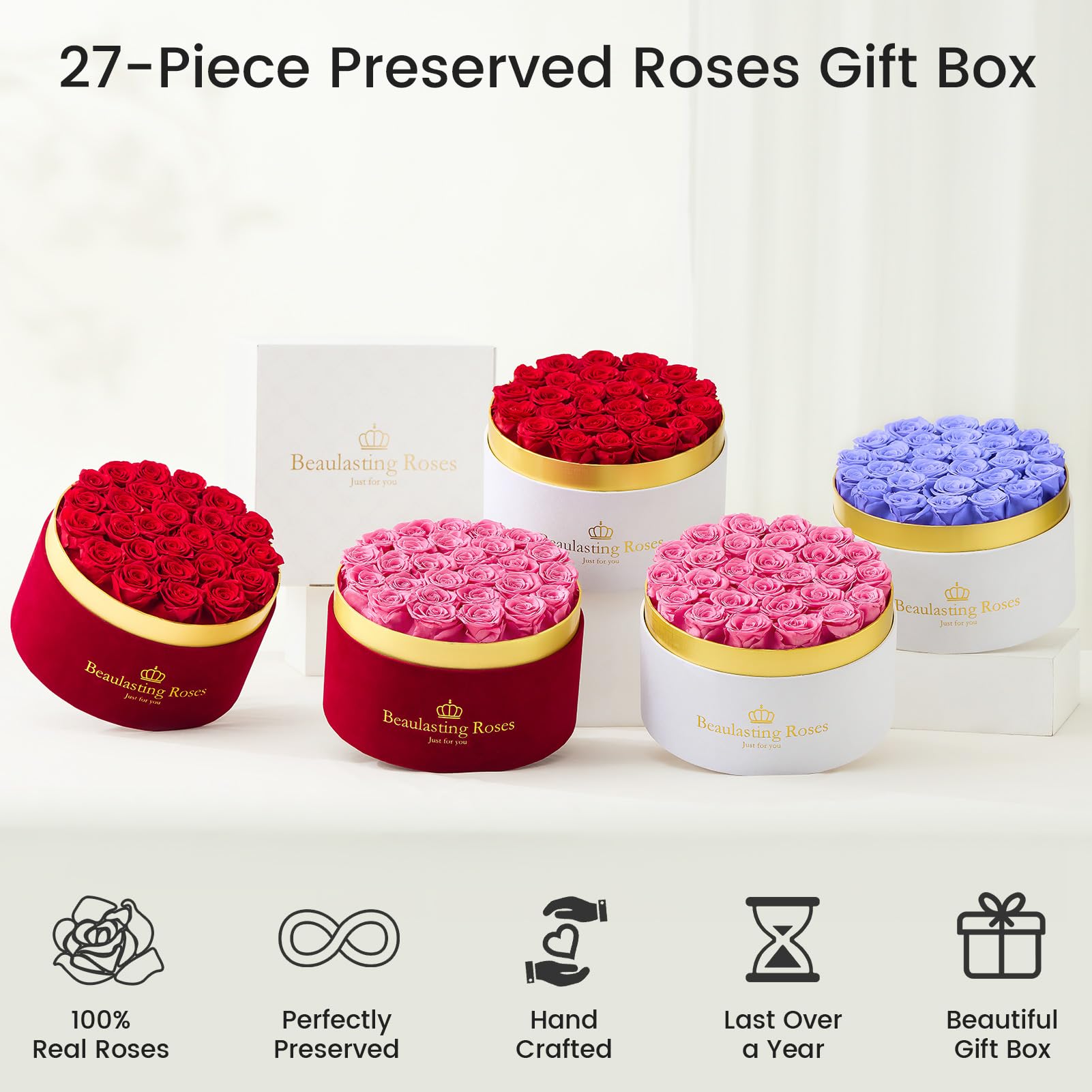 Long Lasting Rose Arrangement 27 Preserved Red Roses In White Box ...