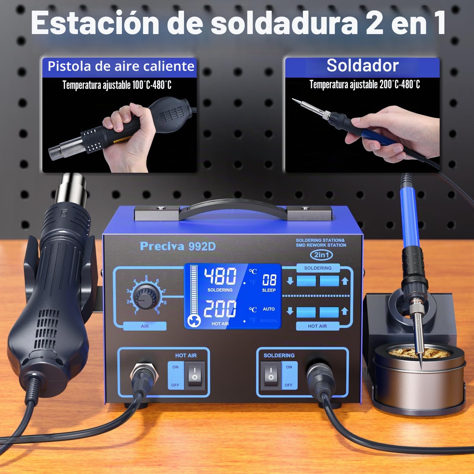 Preciva 992D Estación de Soldadura, 750W Estacion Soldadura SMD 2 EN 1, Pistola de Aire Caliente y Soldador de Estaño, Pantalla LCD, Control PID, Función AUTO/MAN, Temporizador, Accesorios Incluidos