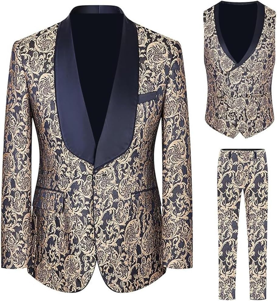 Slim Fit Paisley Jacquard Premium Floral Prom Tuxedo Prom Groom Wedding Groom 3 Pieces Suits