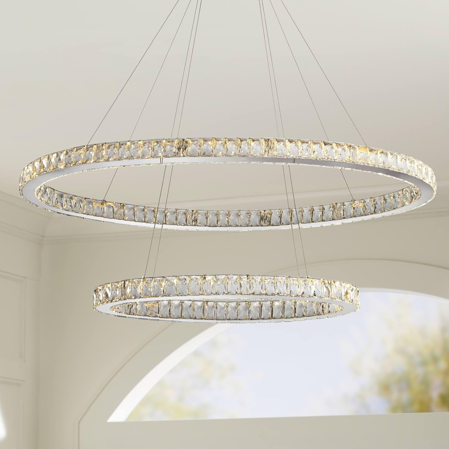 Possini Euro Design Wainwright Chrome Large Round Pendant Chandelier 48" Wide Modern Dimmable LED Crystal Double Rings Fixture Dining Room House Foyer Entryway Kitchen Bedroom Living Room Ceilings