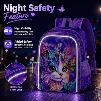 16 Cat Backpack for Girls, 3Pcs Kids School Backpacks with Lunch Box, Bookbag for Elementary Preschool Kindergarten(Purple)