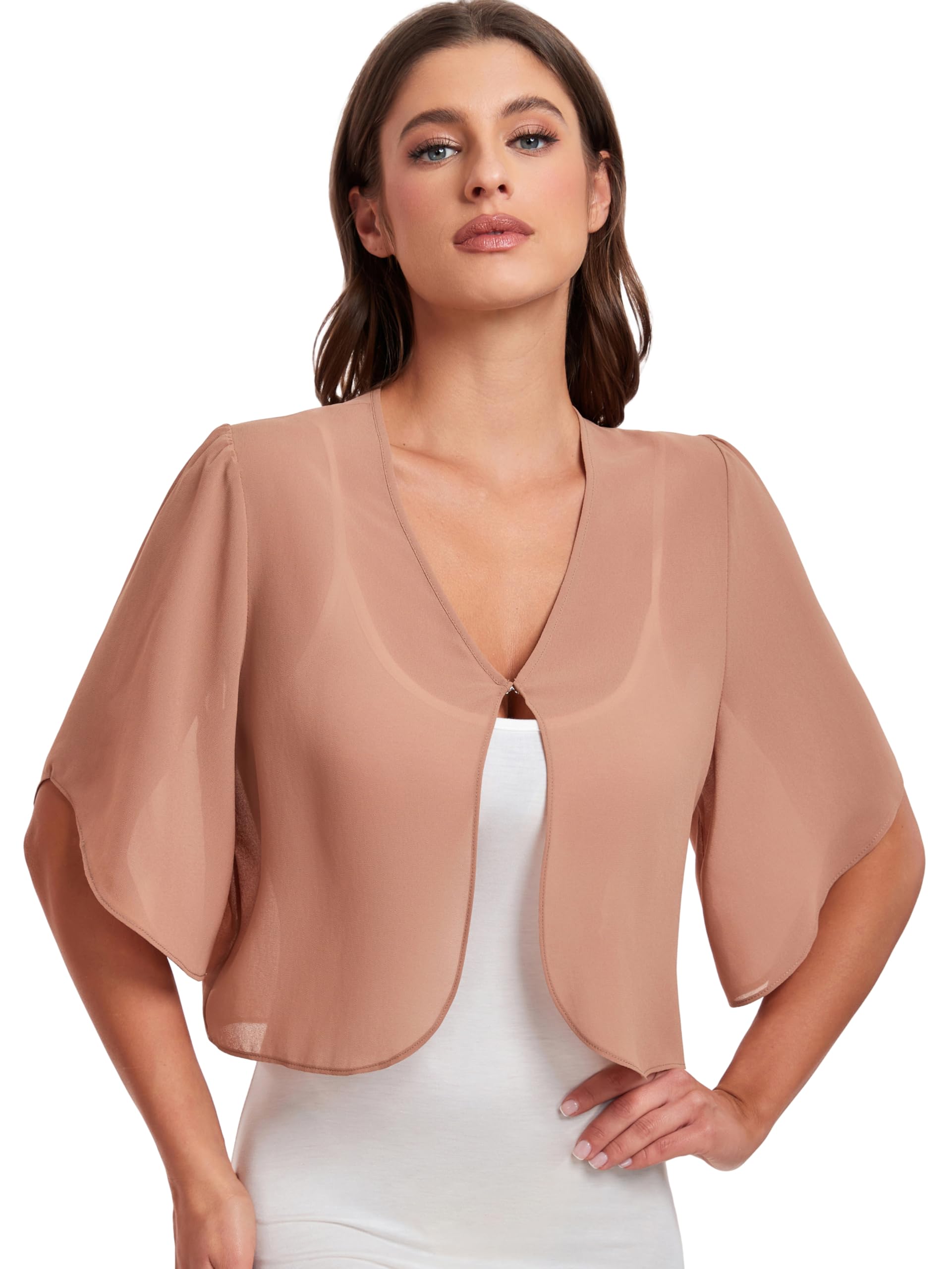 SURVODJA Womens Chiffon Cropped Cardigans Lightweight Sweaters Short Sleeve Bolero Shrugs for Dress, Camel, XXL