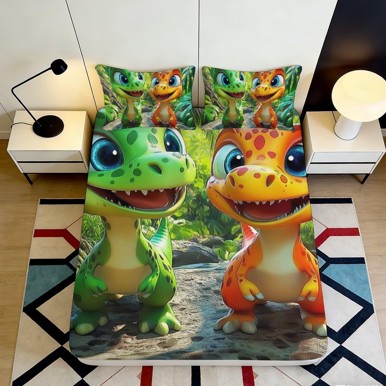 3D Printed Cartoon Dinosaur Fitted Sheet Microfiber Soft Breathable Jungle Bed Cover for Bedroom Guest Room Decor 90x200x25cm