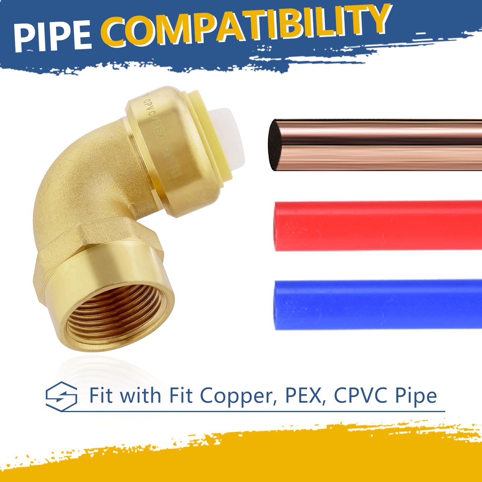 Codo hembra de ajuste a presión, codo roscado hembra FNPT de 1/2 x 1/2 pulgada con clip de desconexión, accesorios de empuje para tubería de cobre, PE-RT, CPVC (paquete de 10)
