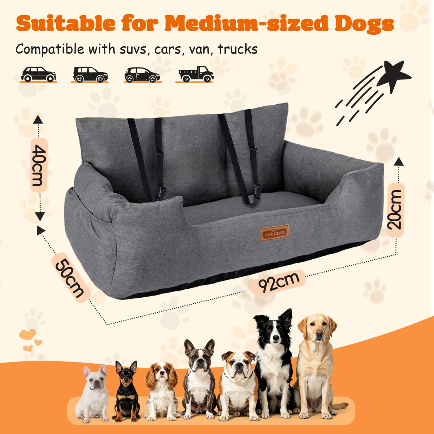 Nobleza - Hunde Autositz für Mittelgroße und Große Hunde, Abnehmbarer und Waschbarer Auto Reise Hundebett mit Staufächern und 2 Sicherheitsgurt, L92*W50*H40cm, Gris