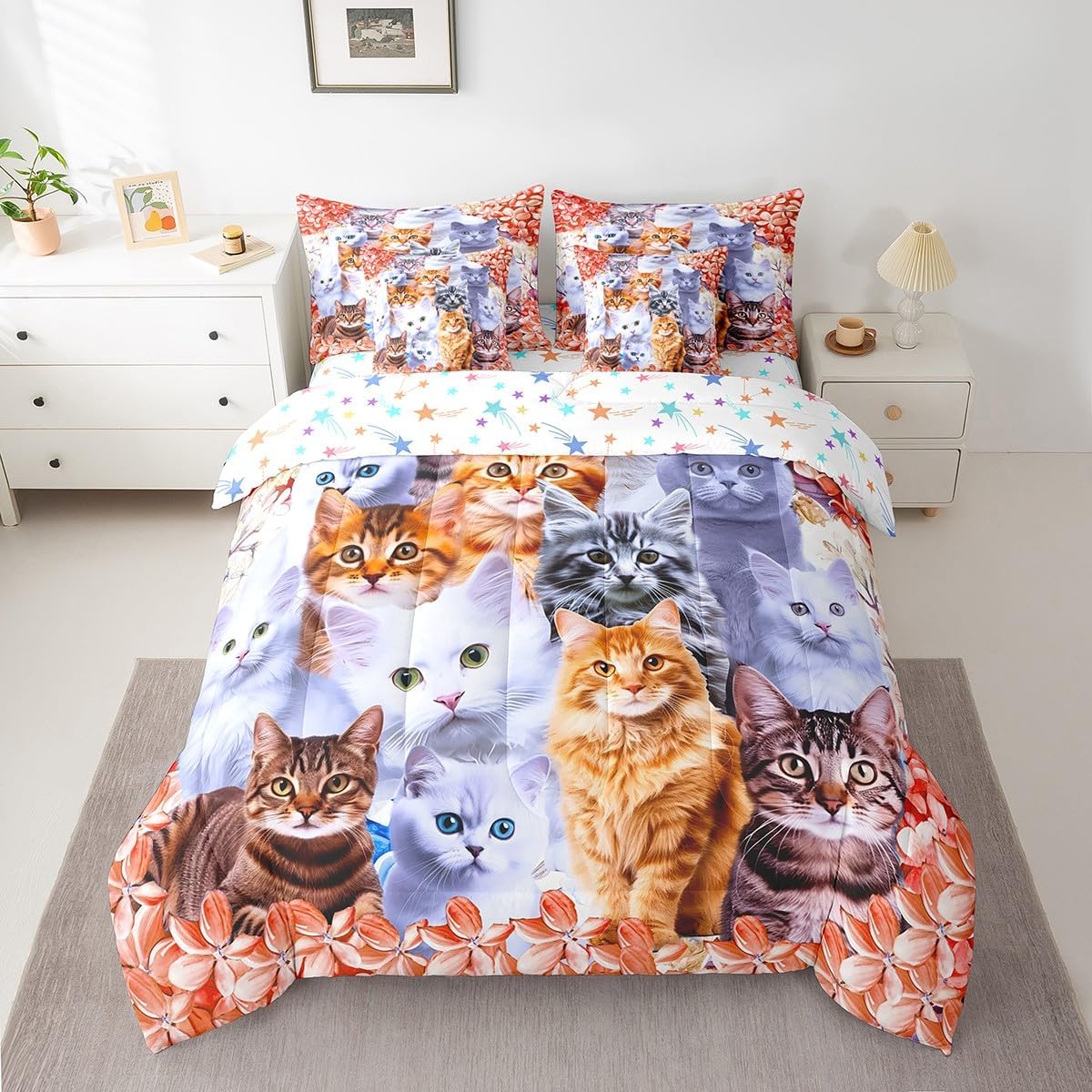 Feelyou Floral Cat 7 Piece Bedding Set with Sheets Queen Size Purple Cat Comforter Set with Sheets for Kids Teens Girls Bed Set Kawaii Animals Cute Decor Bedroom Soft and Lightweight(Reversible Stars)