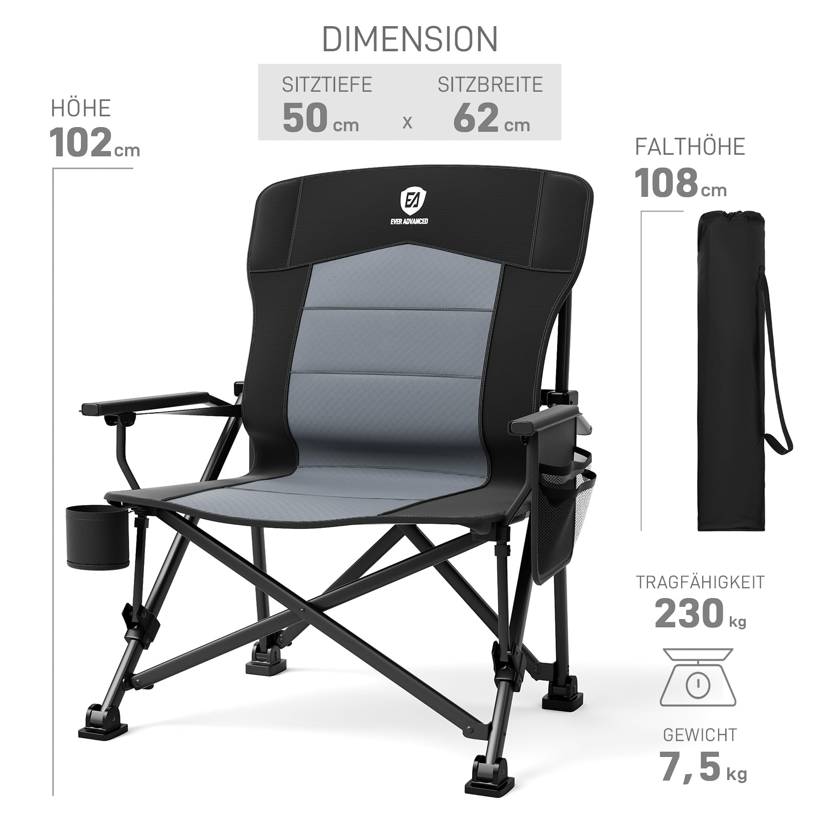 EVER ADVANCED Campingstuhl Faltbar 230KG Belastbar XL Lendenwirbelstütze | Klappstuhl 62cm Sitzbreit mit Seitentasche Getränkehalter Übergroß Faltstuhl Angelstuhl für Camping Outdoor Balkon Garten