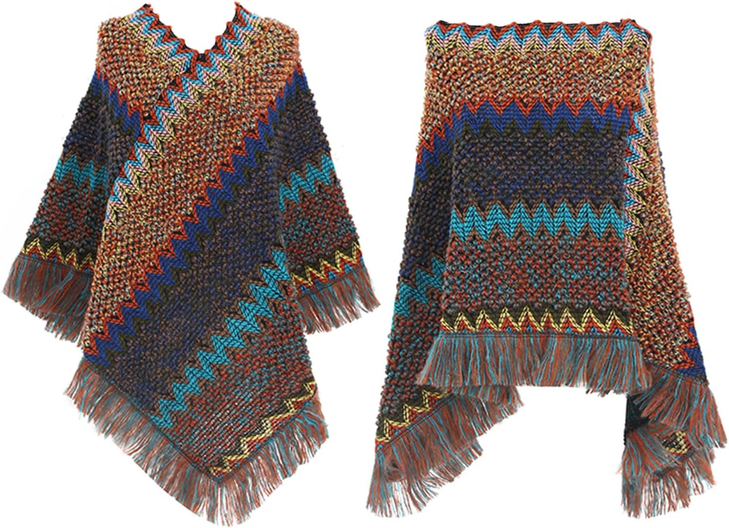 Women's Poncho Sweater Zig Zag Knit Mexican Poncho Wrap Fall Hippie Soft Fringe Crochet Shawl Asymmetrical Cape - Image 2