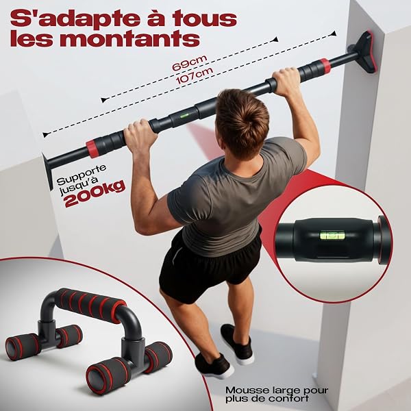 Barre de traction porte ou murale sans perçage 69-107cm et poignées pour pompe et gants, sport maison - 2