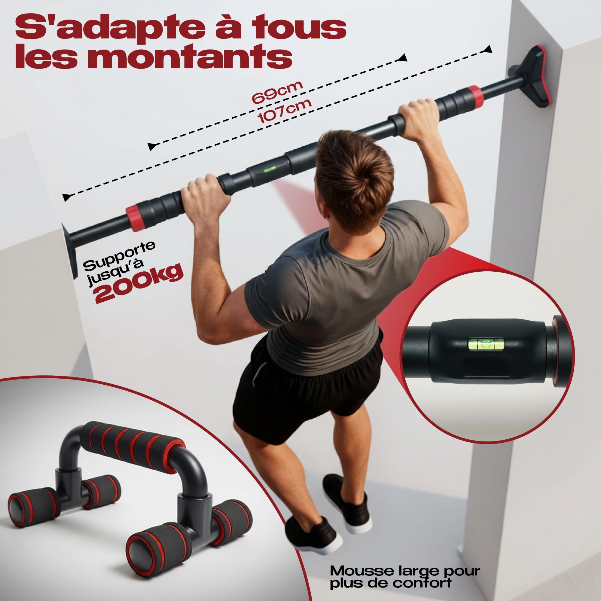 Barre de traction porte ou murale sans perçage 69-107cm et poignées pour pompe et gants, sport maison - 3