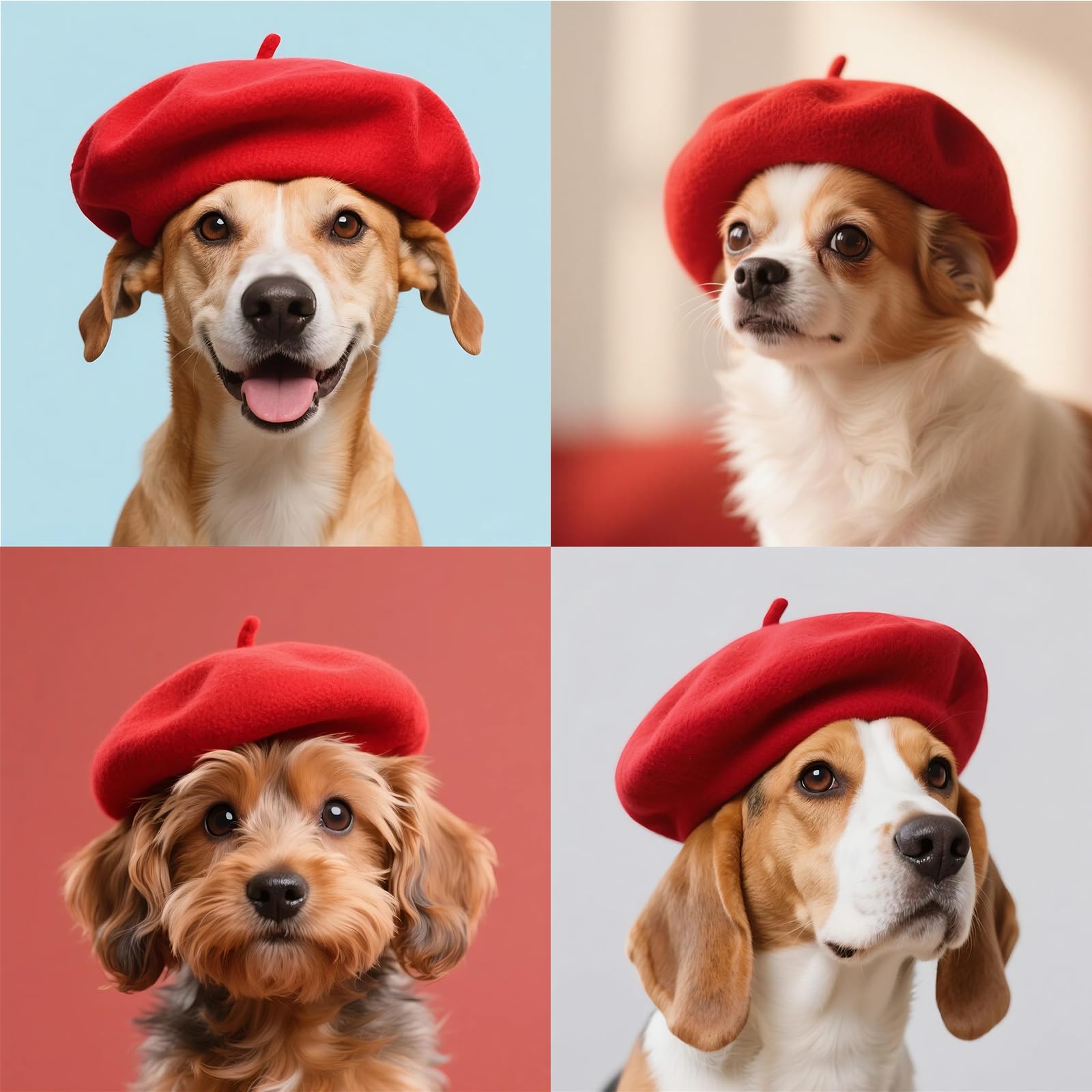 Boina de lana para perro y gato, lindo gorro de orejeras para perro, diadema, boina francesa para perro, gato, disfraz de Navidad, accesorio para el pelo, accesorios para fotos (rojo, talla única)