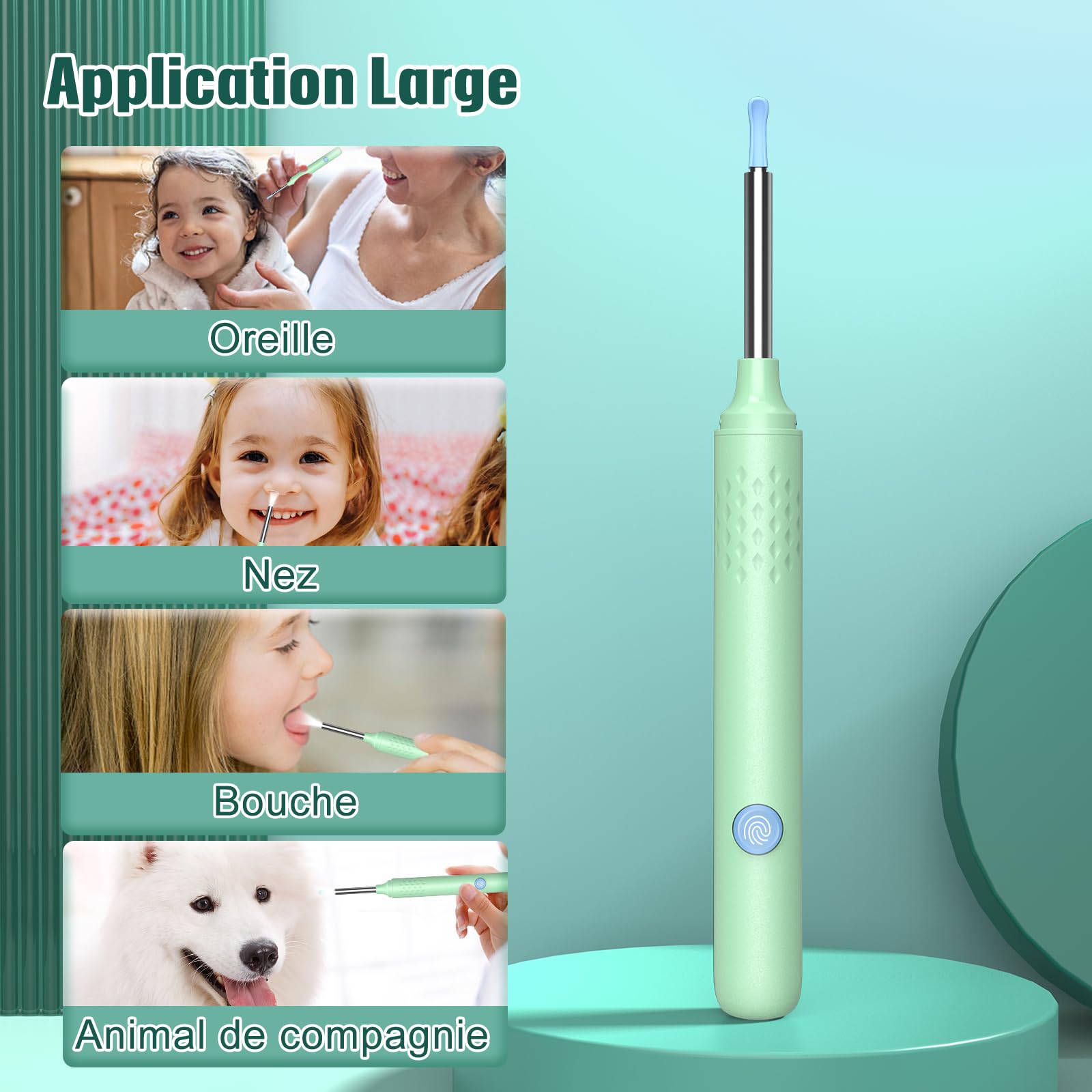 Otoscope Oreille 1920P Camera Oreille Nettoyage avec 6 Lumière et 7 Pièces Kit Nettoyage Oreille pour Smartphones iOS et Android, Accessoire Pratique pour une Hygiène Auriculaire(Vert)