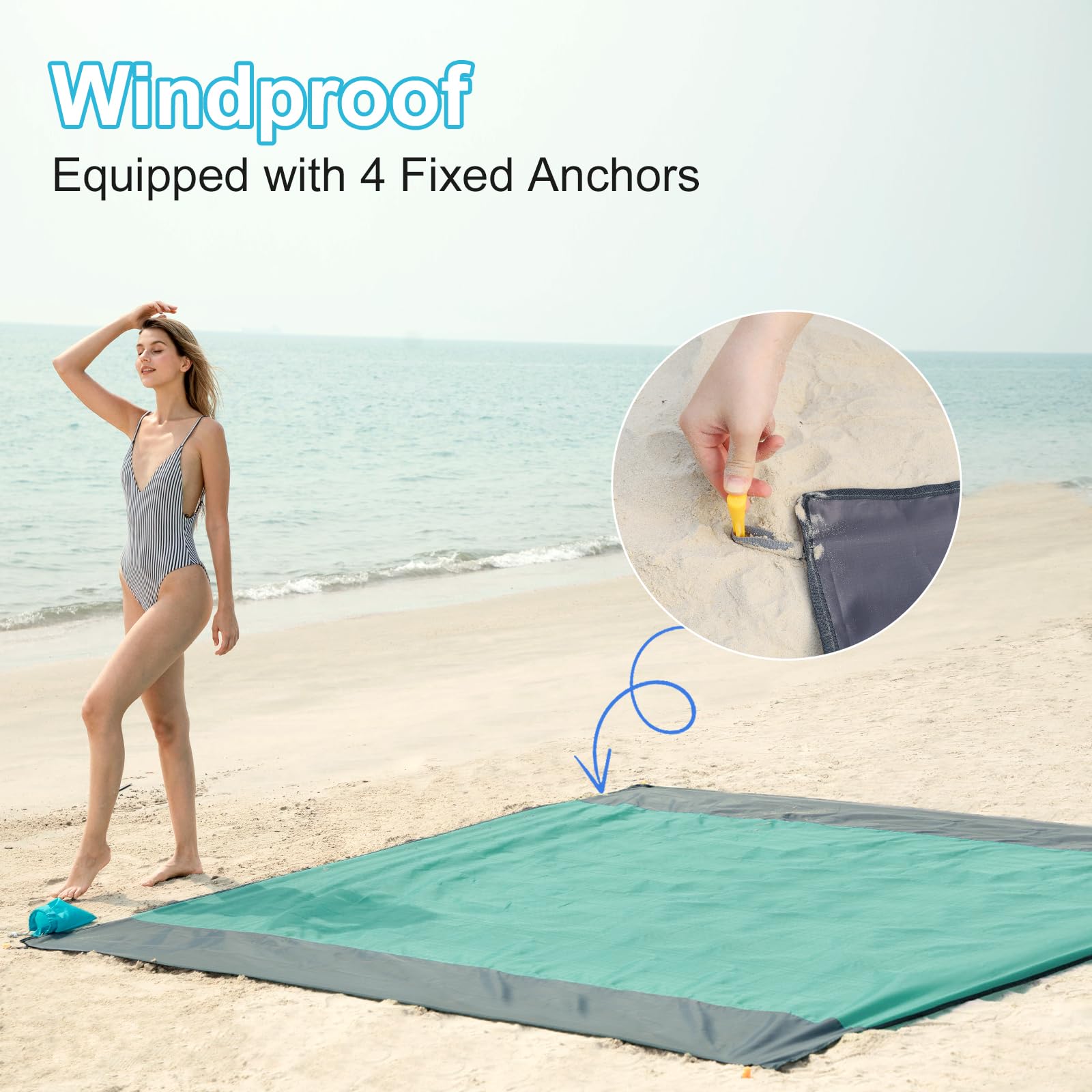 ISOPHO Coperta da picnic 243x274cm Coperta da spiaggia Tappetino da spiaggia impermeabile 4 angoli di fissaggio Coperta da spiaggia senza sabbia/picnic per spiaggia, campeggio (verde, 243 x 274cm)