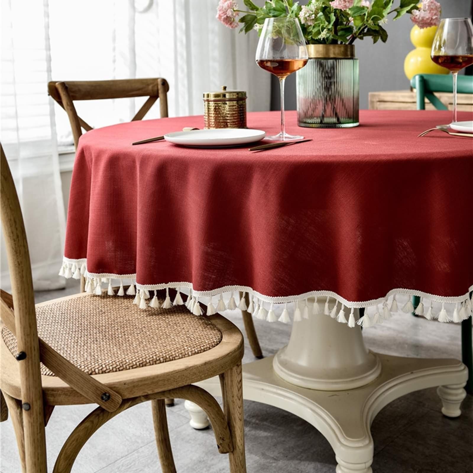 Nappe Anti Tache Ronde 260 cm, Nappe Table Basse Polyester 6-8 Personnes Rouge Uni avec Pompons