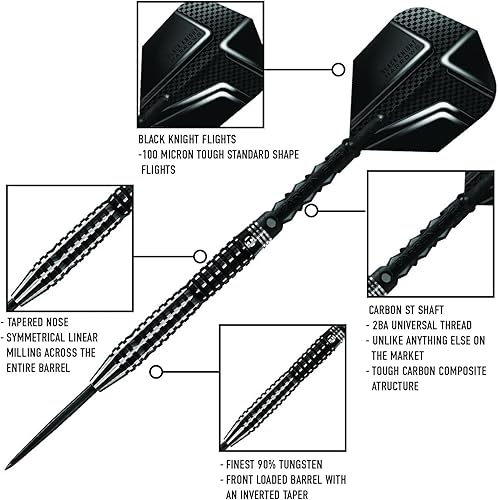Miniatura 5 de Harrows Black Knight - Juego de dardos con punta de acero al 90 % tungsteno, incluye ejes ST de carbono y vuelos Prime Black Knight, 0.86 oz