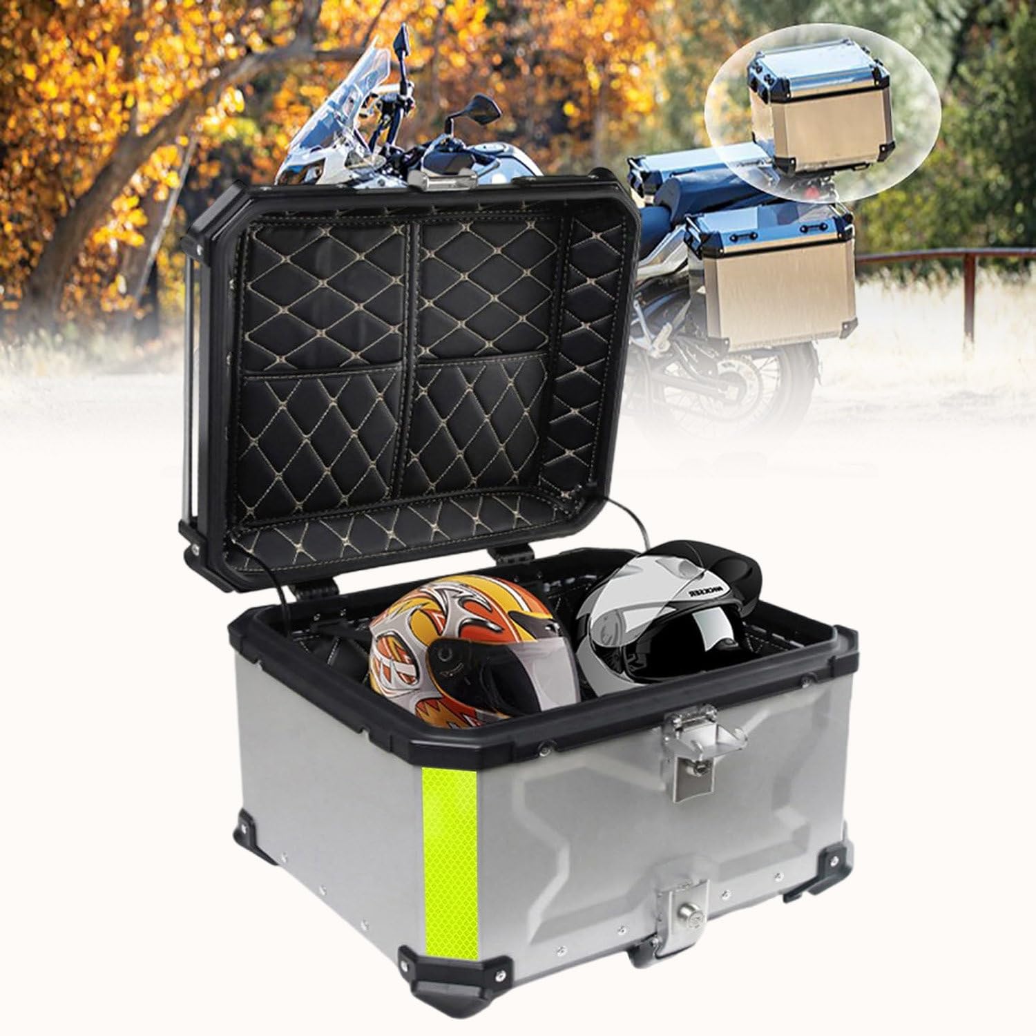 Baule in Alluminio per motociclette, Scatola portaoggetti per Casco, Bauletto per Moto, con Blocco di Sicurezza, per Campeggio, Viaggi (Silver 100L)