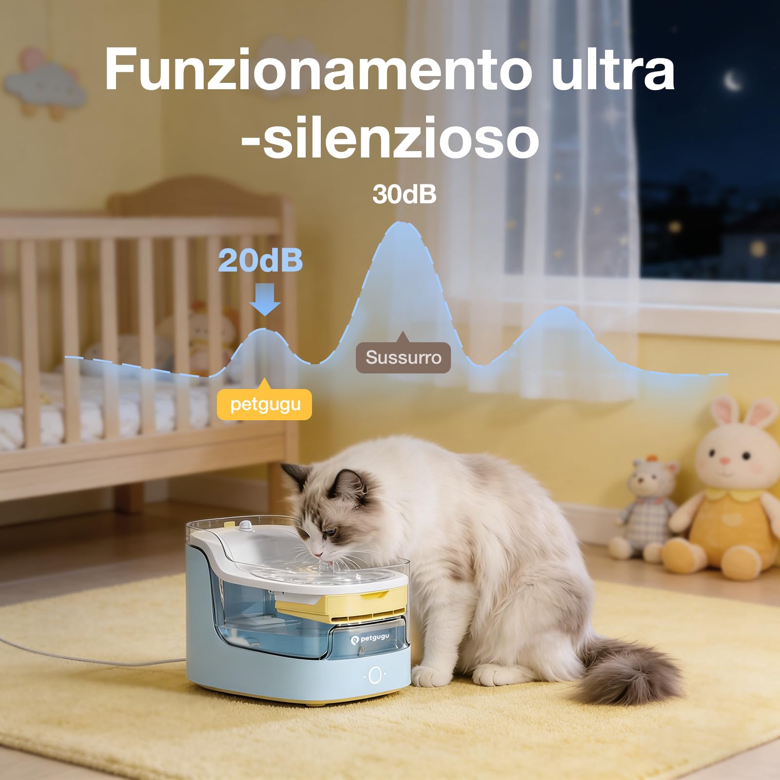 PETGUGU Fontanella per Gatti Intelligente con Monitoraggio dell’Acqua e Report AI, Fontana per Gatti y Cani con Filtro a 8 Strati, Pompa Senza Fili Silenziosa <20 dB, Sensore di Movimento 50cm