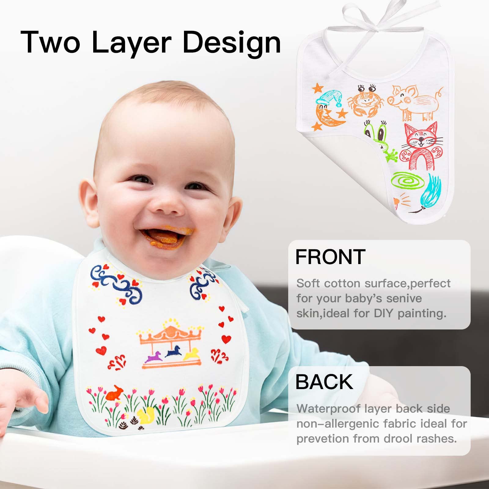 12 do pomalowania z 12 kolorowymi pisakami do tkanin i 3 szablonami, dwustronne dziecięce śliniaki, białe do malowania, prezent na przyjęcie baby shower DIY