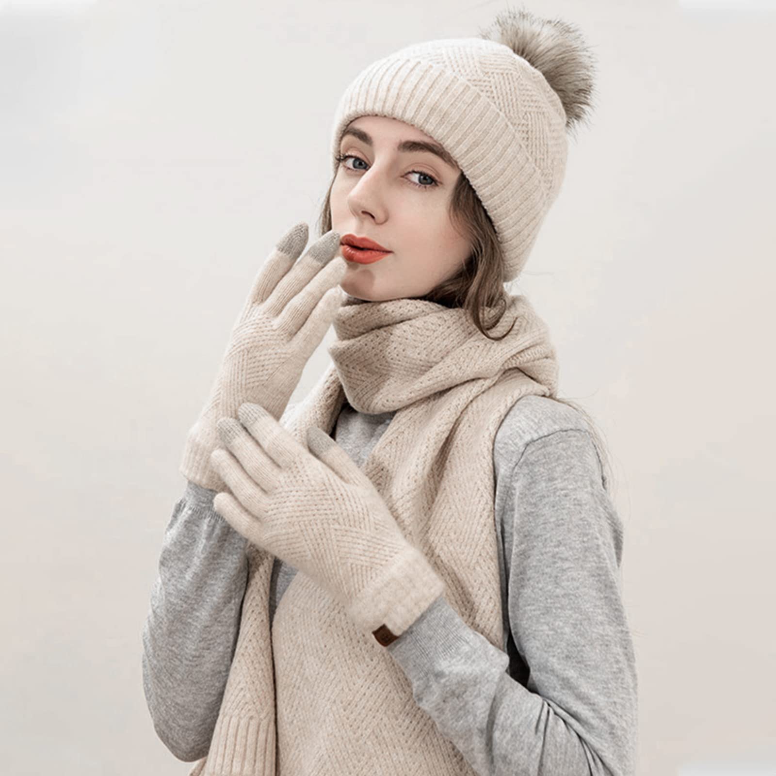 LumiSyne Invernali 3 Pezzo Cappello Sciarpa Guanti Per Uomo Donna Tinta Unita Cappello In Maglia a Rombi Sciarpa Lunga Guanti Touch Screen Berretto Bobble Lana Morbida Fodera In Pile Morbido Termico