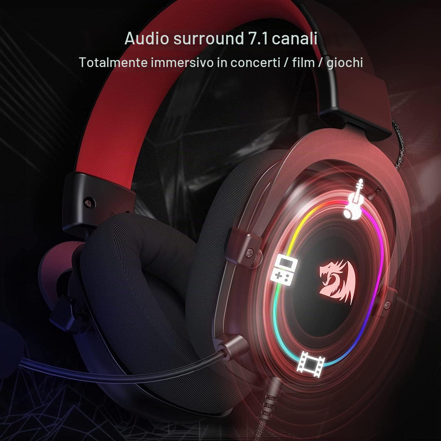 Redragon H510 Zeus Cuffie Gioco Cablato 7.1 53mm Driver RGB | cuffie gioco cablate 7.1 surround cuscinetti memory foam driver 53mm microfono staccabile multipiattaforma RGB