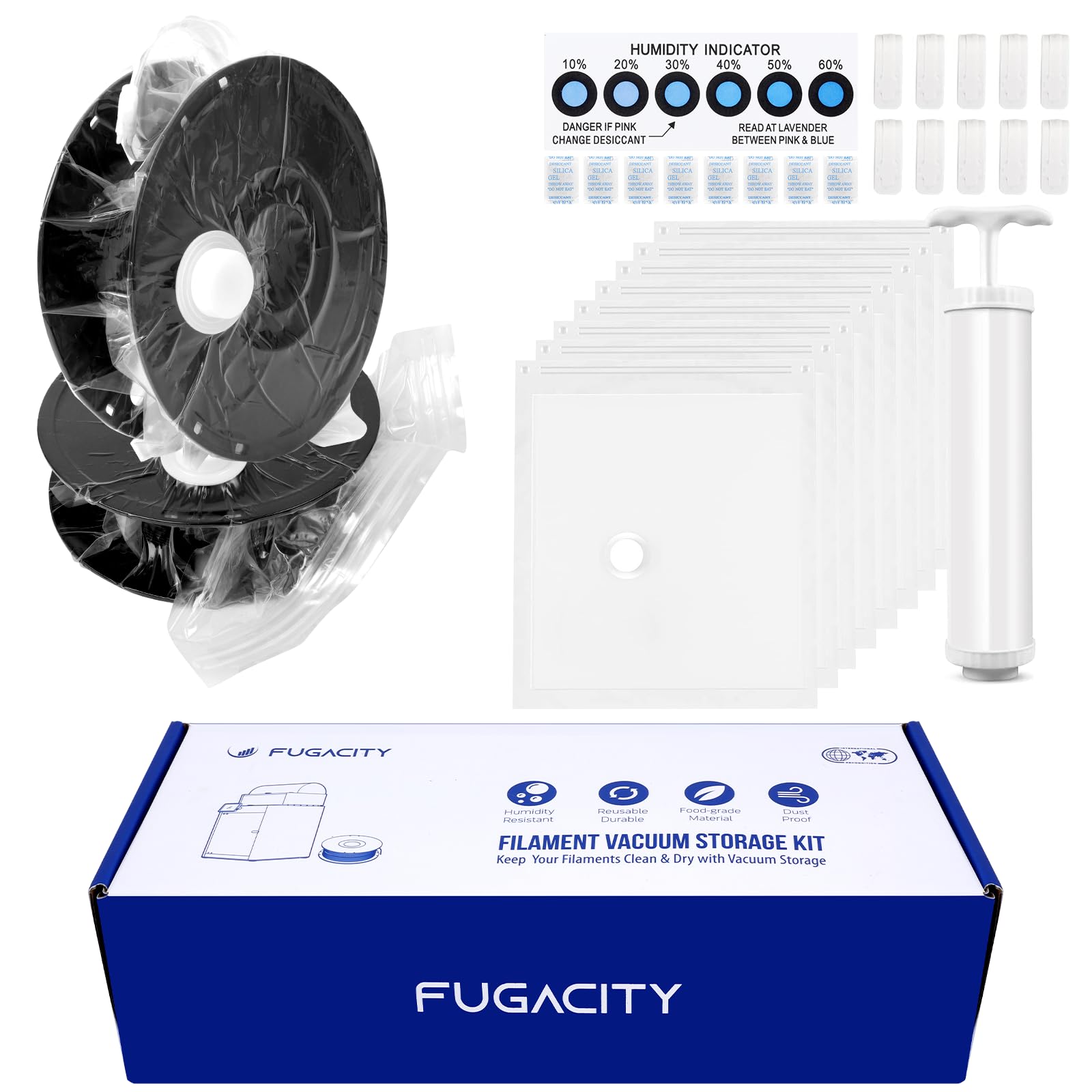 3D Printer Filament Storage Vacuum Bags Kit-Reusable Bag ×10 Pack 35 * 40cm with 10 Desiccants /10 Humidity Card /10 Clips/1 Hand Pump,DustProof and Humidity Resistant for Keep Filament Clean & Dry