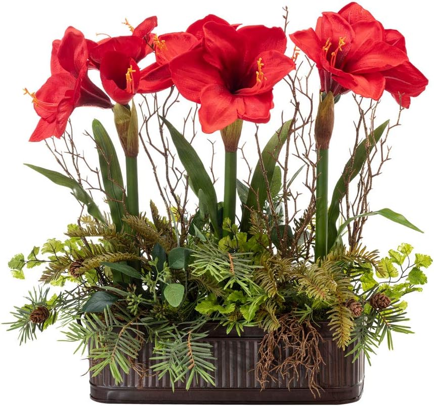 Petals - Amaryllis Planter Artificial Holiday Centerpiece - Handcrafted - Amazingly Lifelike - 20 x 22 Inches