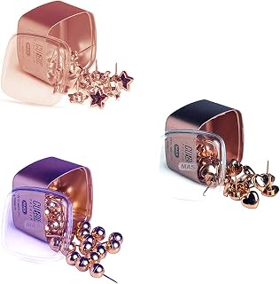 MAS Cubbie Push Drawing Cockboard Bulletin Board Pins Map Tacks in Star, Heart, Sphere Shape - Metallic Rose Gold Colour for Office College School Home with Storage Box - 65 Pins