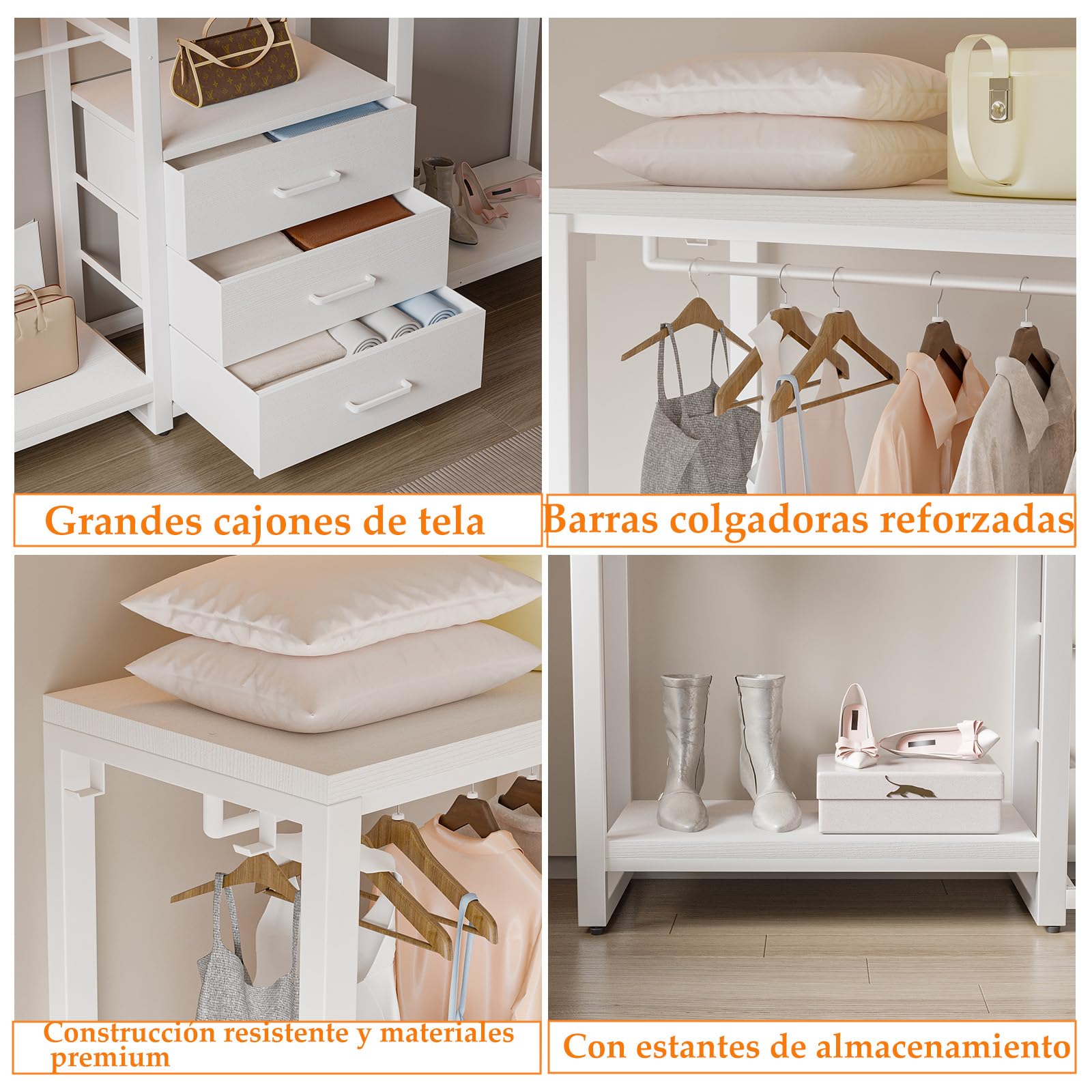 Homieasy Armario Abierto Con 5 Barras Y 3 Cajones De Tela | Estructura De Metal Y Paneles De Madera, Capacidad De Carga Hasta 450 Kg, Para Dormitorio, Vestidor O Pasillo