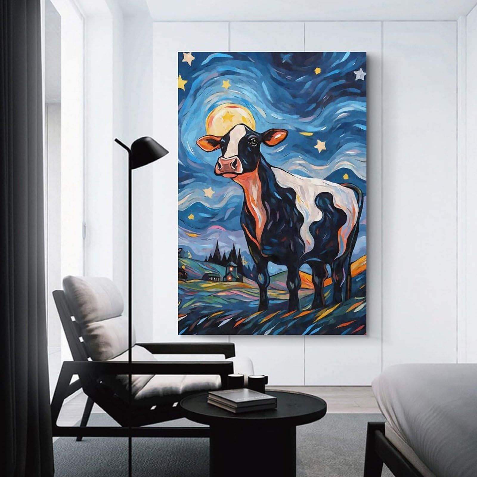 Junmoney Unframe-Style-24 Hanging Wall Art Cow Starry Night, 24X36inch(60X90cm), For Gallery Wall Layouts In Home Or Office, An Easy Match For Collected Prints