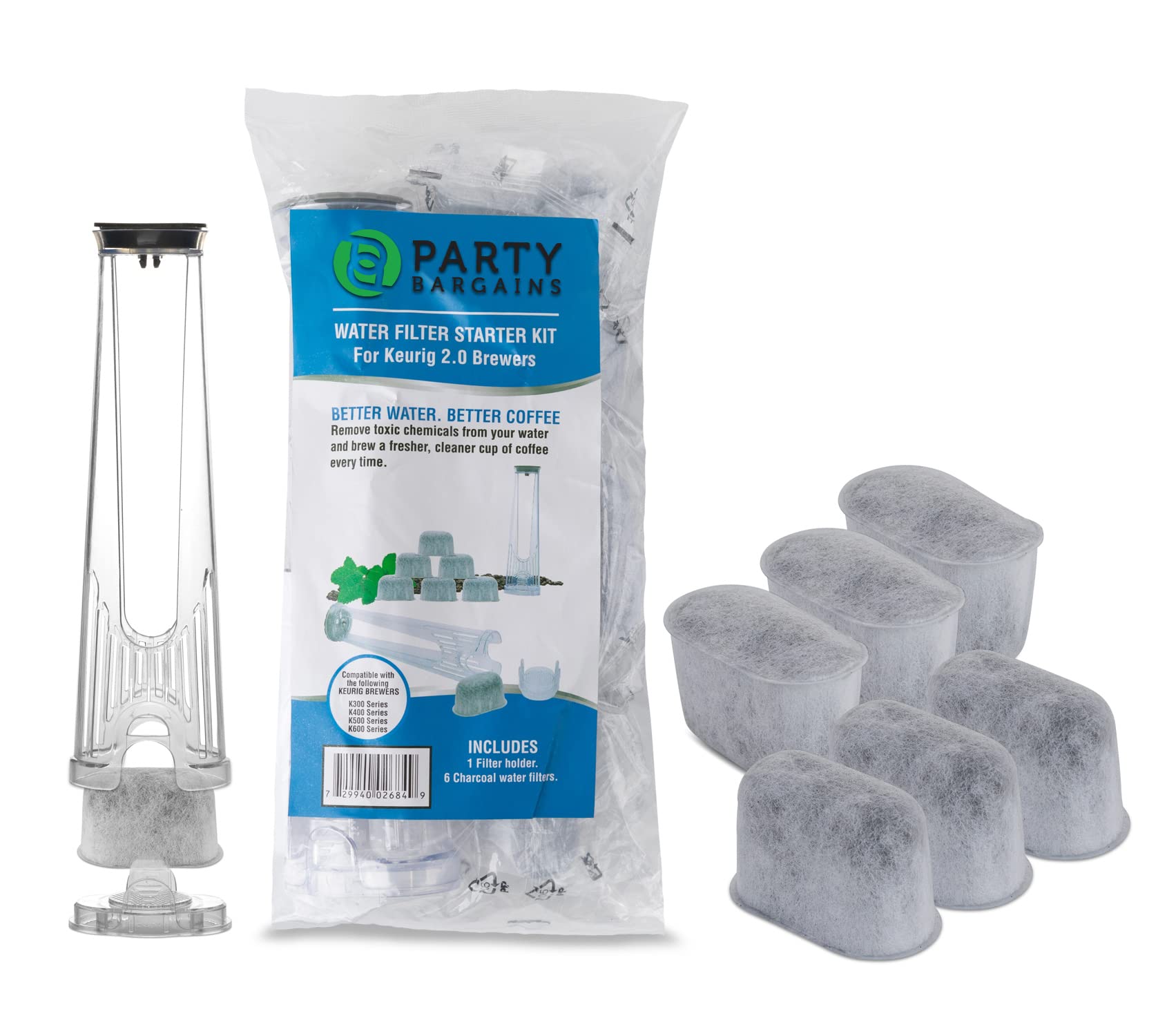 PARTY BARGAINS Water Filter Starter Kit – 6 Replacement Charcoal Filters with Filter Holder – Compatible with Keurig 2.0 Coffee Brewers