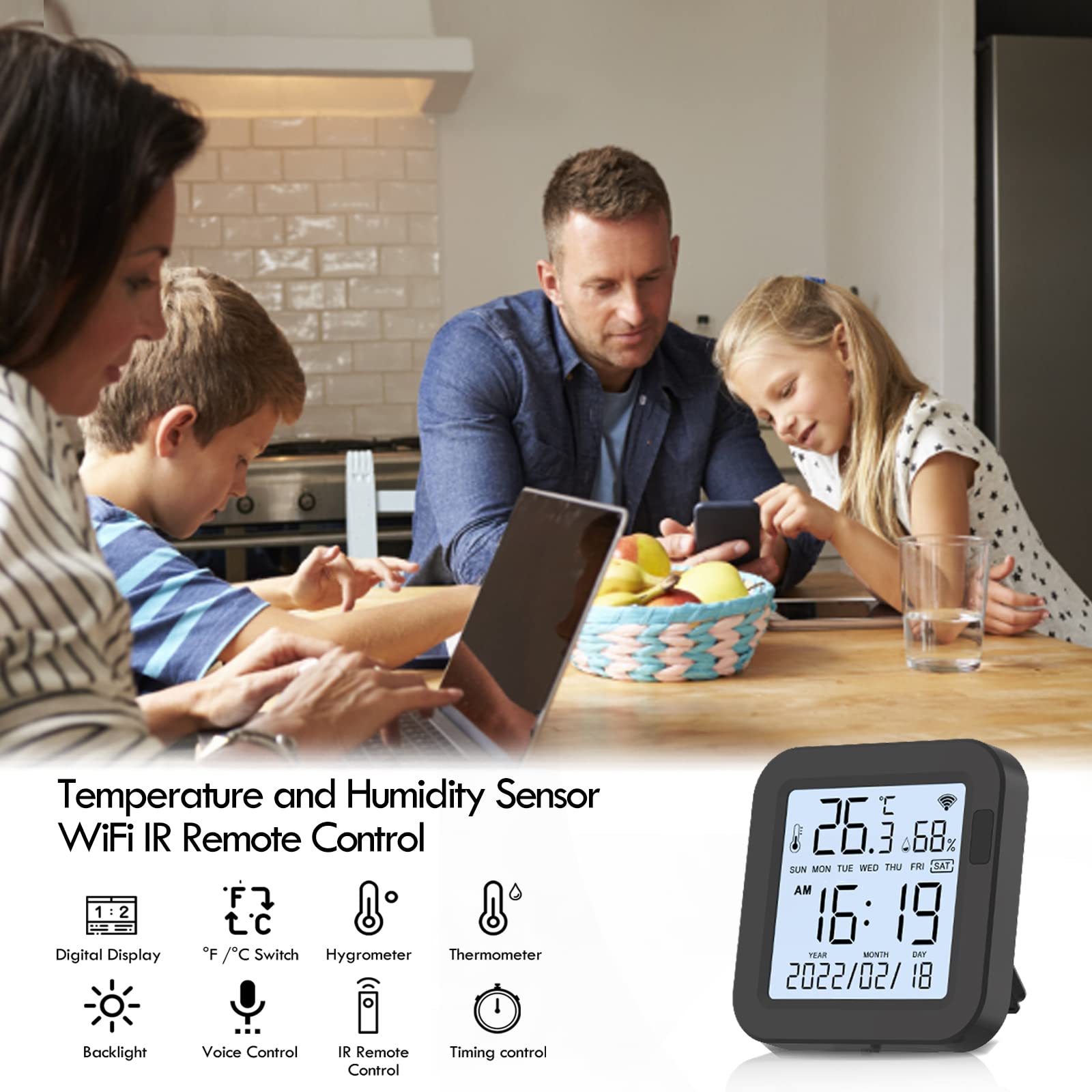 eMylo Termómetro Higrómetro WiFi Interior Exterior, Sensor Temperatura Digital con Control IR Universal, Medidor Temp/Humedad Retroiluminado, Compatible con Alexa Google Home