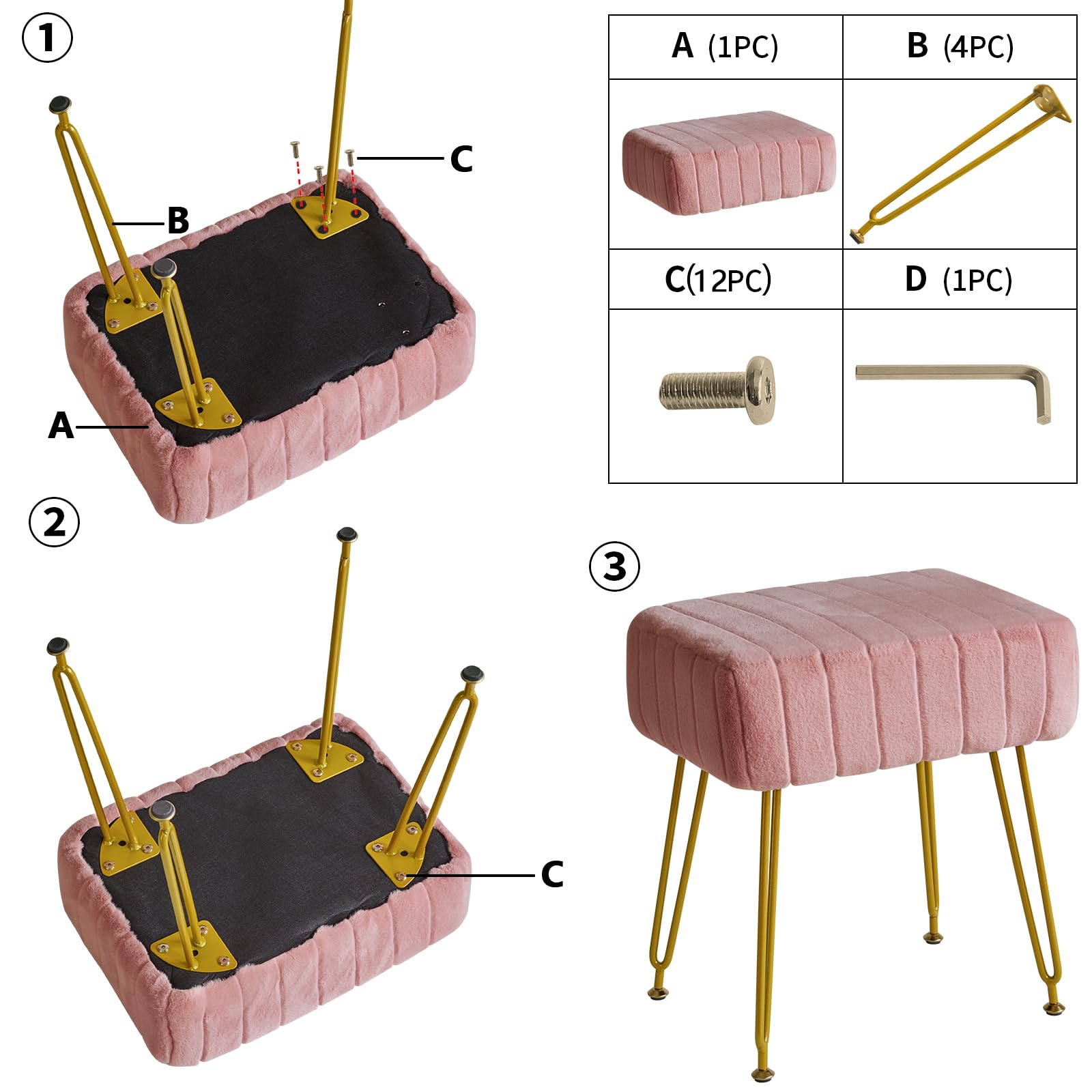 IBUYKE Make-up Vanity Hocker, Samt Rechteckstütze, Pink L/G-51P | Osmanische Seite Umkleidetisch Sitz Pouf Couch Stuhl Goldene Stahlbeine