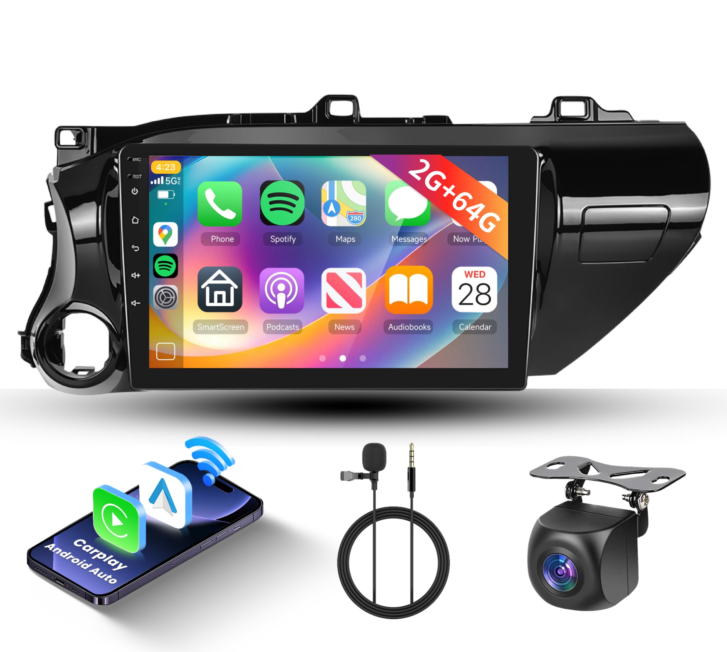 Hodozzy 2G+64G Car Radio for Toyota Hilux 2015-2020,10.1 inch Touch Screen Car Stereo with Carplay Android Auto Mirror Link Backup Camera WiFi GPS FM