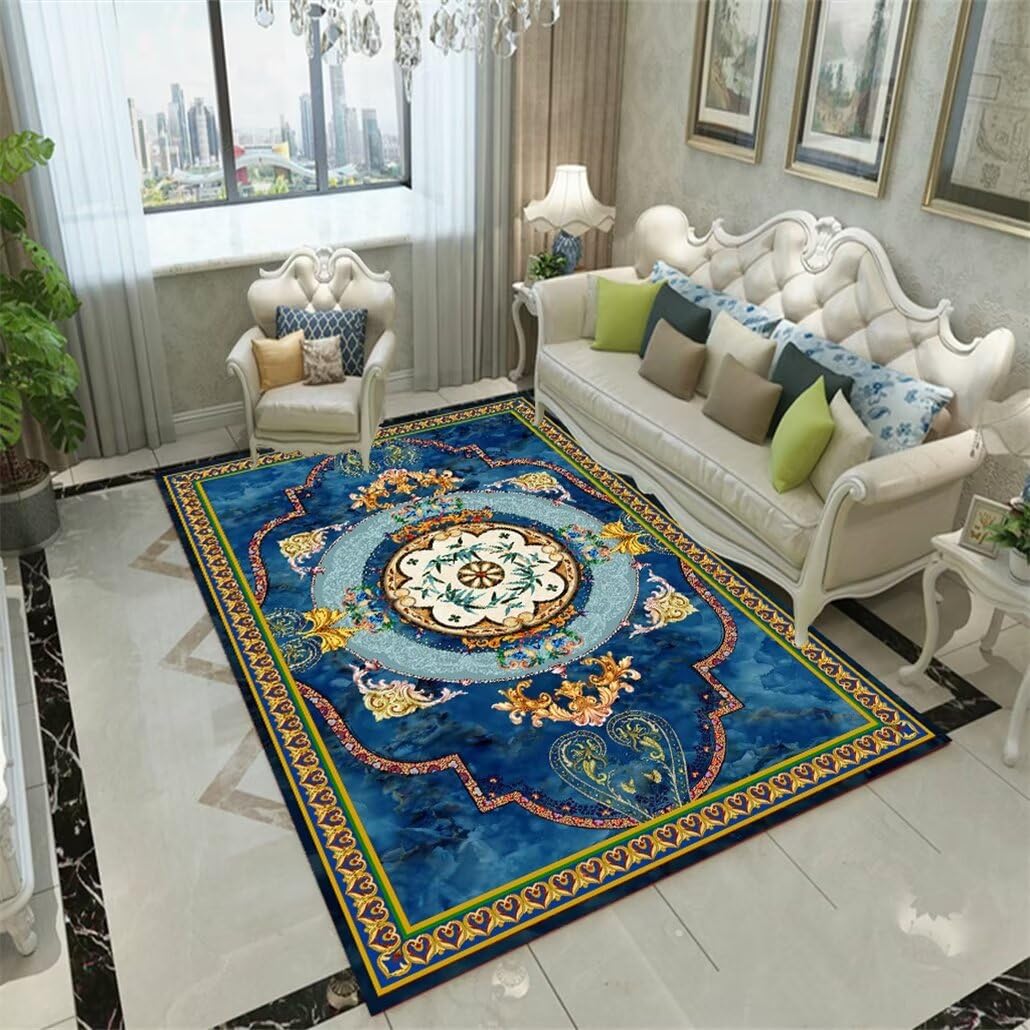 Tapis chambre enfant bleu à fleurs vintage pour créer un coin de jeu doux dans le salon