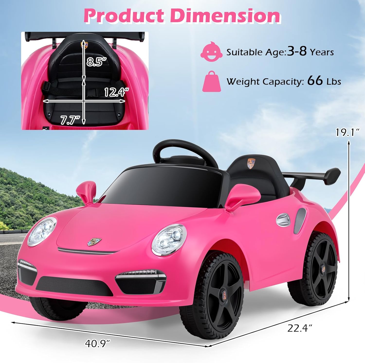 Licensed RUF Porsche 12V Pink Ride on Car by INFANS, Electric Vehicle Battery Powered with Remote Control, Headlight, Bluetooth, Power Display, 4 Wheeler Toys for Kids Girls Boys