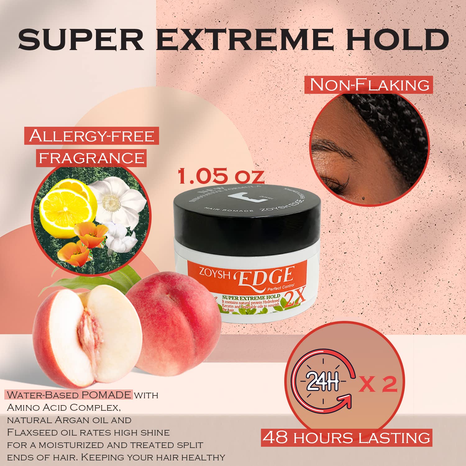 ZOYSH EDGE Perfect Control Super Extreme Hold 2X | Water-Based Pomade | For All Hair Types, 48Hrs Lasting, Non-Flaking, Allergy Free Fragrance (Peach, Net Wt. 1.05 Oz)