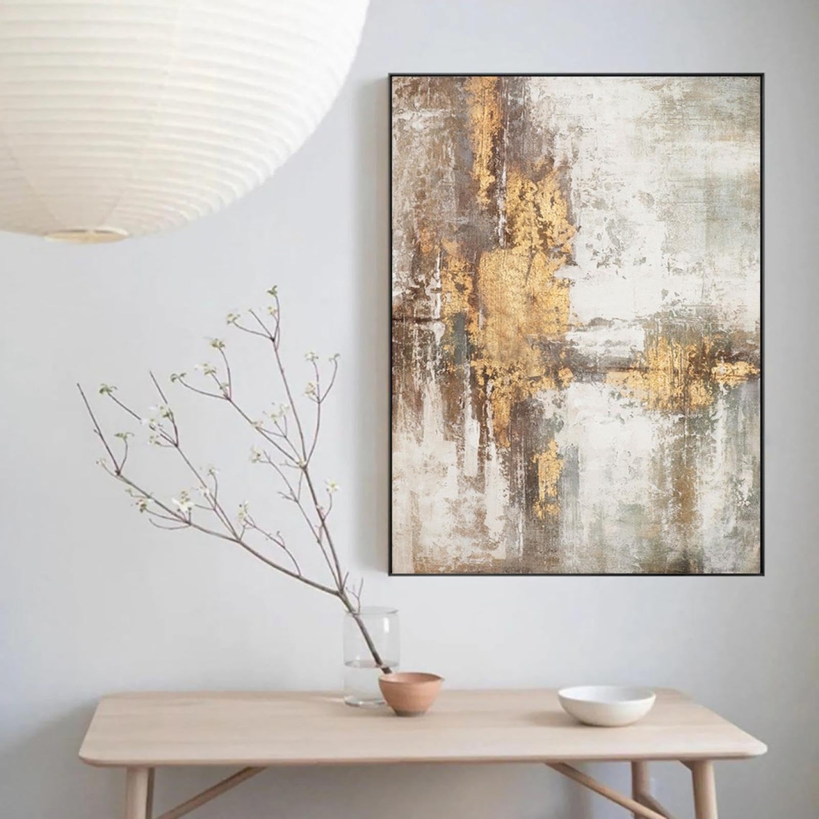 Pintura al óleo abstracta grande de color beige, dorado y gris para sala de estar, pinturas grandes, pintura en lámina de oro gris, arte de pared escandinavo, 90x145cm/35x57in sin marco