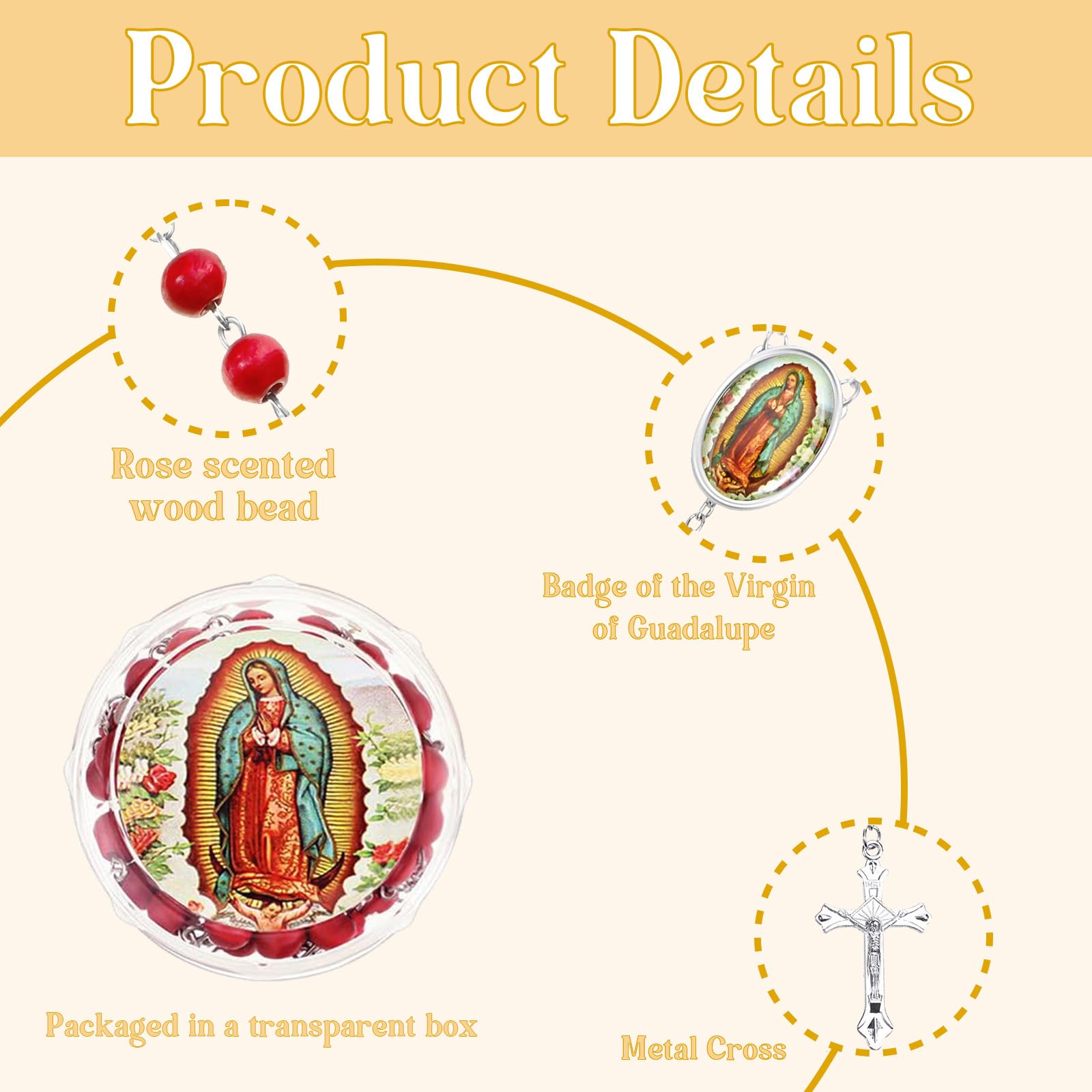 Naszyjnik z czerwonymi koralikami różańca, Matka Boża z Guadalupe, Virgen De Guadalupe, pachnące katolickie prezenty, z torbami na prezenty, karty, drewniane koraliki zapachowe dla kobiet
