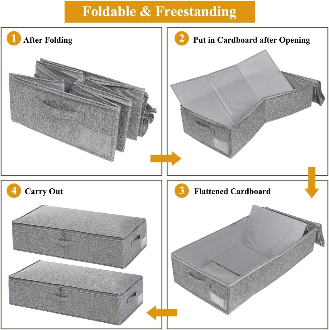 punemi Under Bed Storage, 4 Pack Underbed Storage Container Bags With Lid, Foldable Sturdy Clothes Storage Drawer Organizer W/ 3 Handles, Ultra Thick Fabric Blanket Shoe Storage Box, 30x15x6.7inch