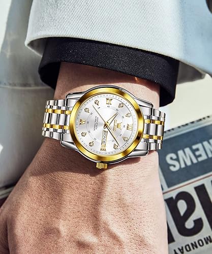 Miniatura 2 de OLEVS Reloj de diamantes para hombre, de lujo, vestido de negocios, reloj de pulsera de cuarzo de acero inoxidable, impermeable, luminoso, fecha de