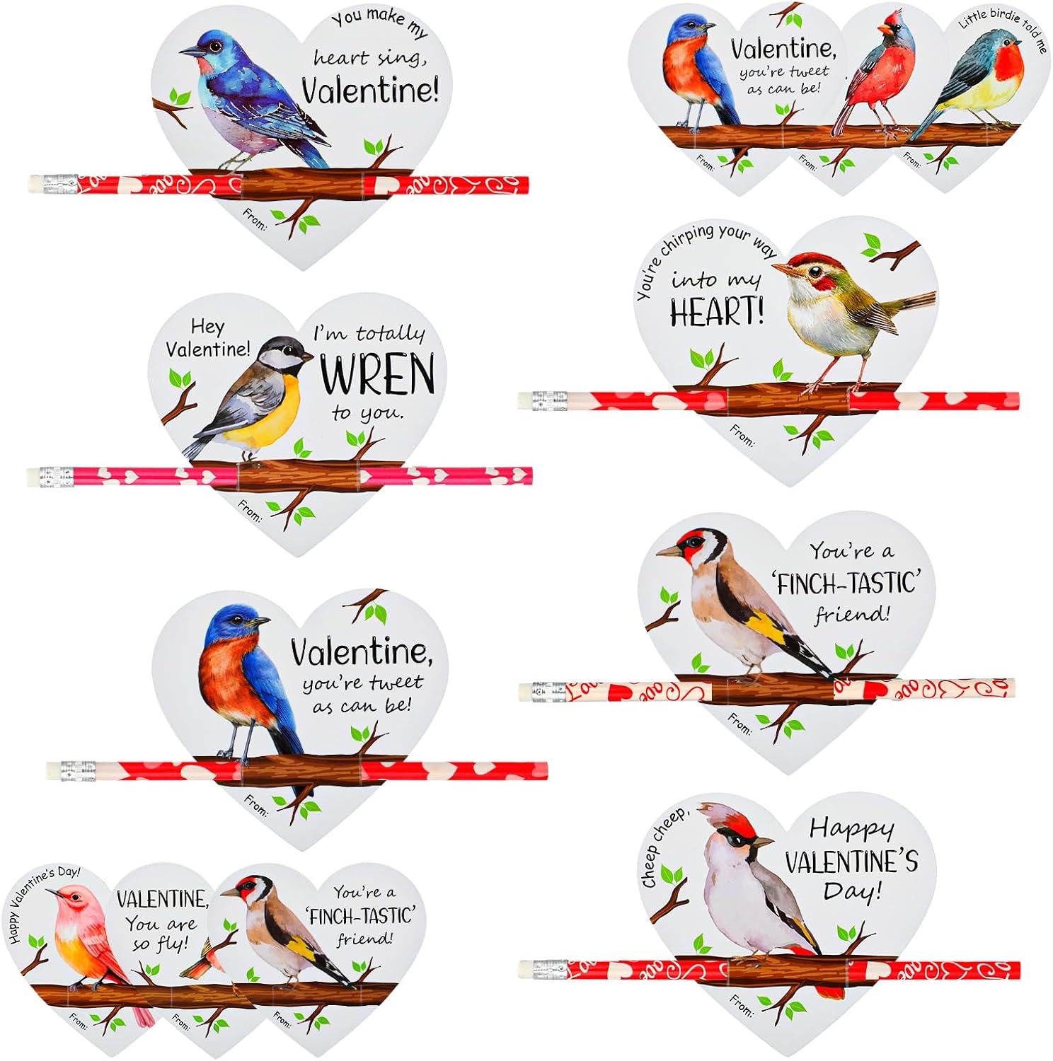 48 Sets DIY Valentine's Day Exchange Gift for Kids Bird Themed Funny Cards with Heart Pencils Wren Robin Sparrow for School Classroom Gifts Party Favors Supplies
