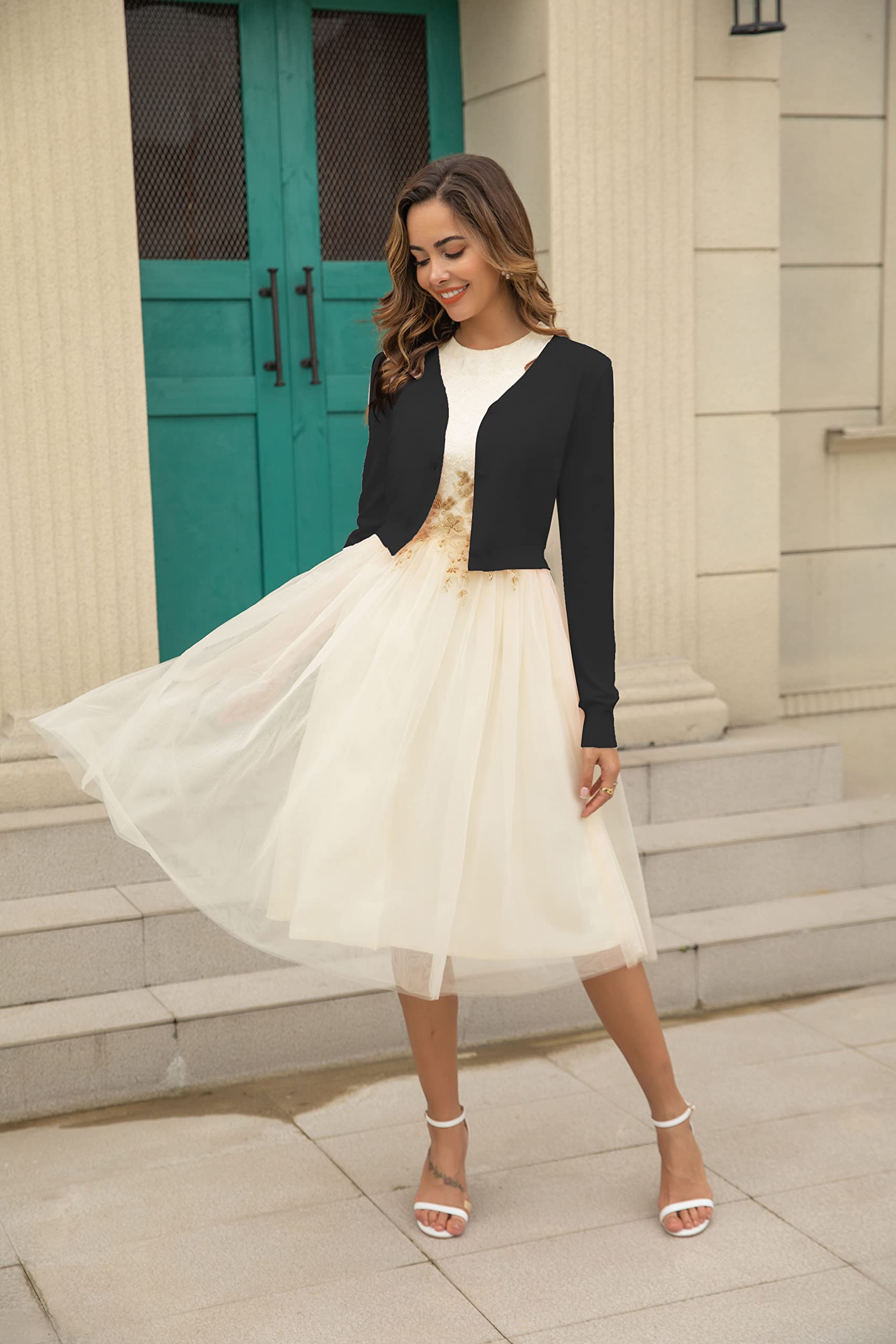 Boléro Femme Tricot Gilet Court Veste Cardigan Bouton Manches Longues pour Robe T Shirt Bretelle Soirée Fête Décontracté Chic Elégante