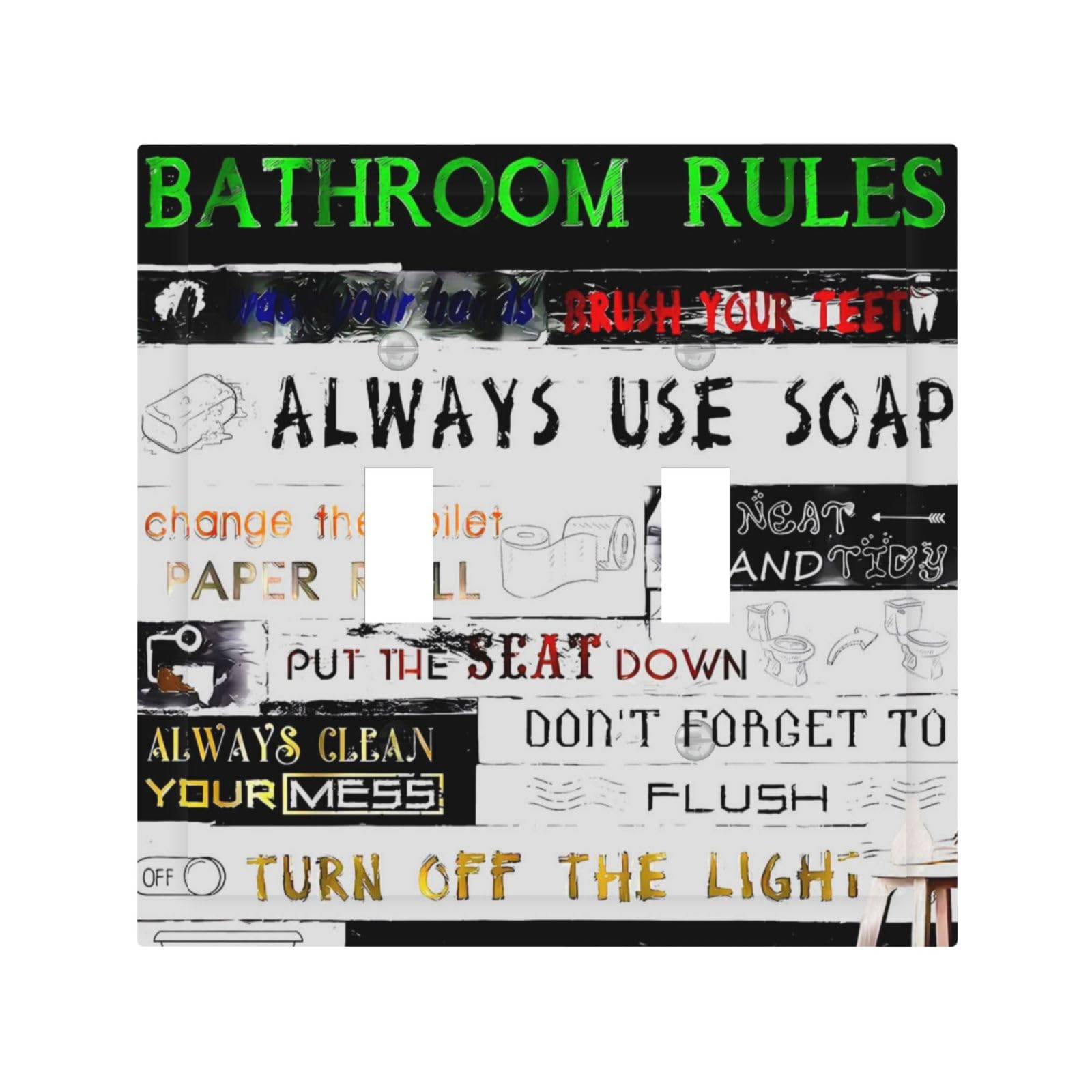 Funny Home Bathroom Toilet Rule Decorative 2 Gang Double Toggle Outlet Light Switch Cover, Two Gang Toggle Wall Plate Electrical Faceplate Dual Device Switchplate