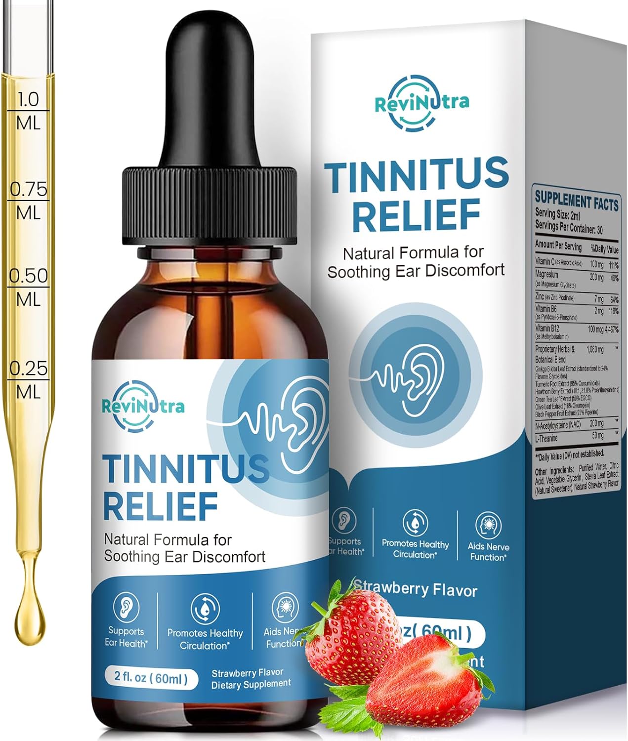 Tinnitus Relief for Ringing Ears, Ear Tinnitus Relief Drops, Herbal Ringing Relief with Ginkgo Biloba, Vitamin C, B12 for Ear Clicking Buzzing, Improving Hearing for Men and Women, Strawberry 2 Fl Oz