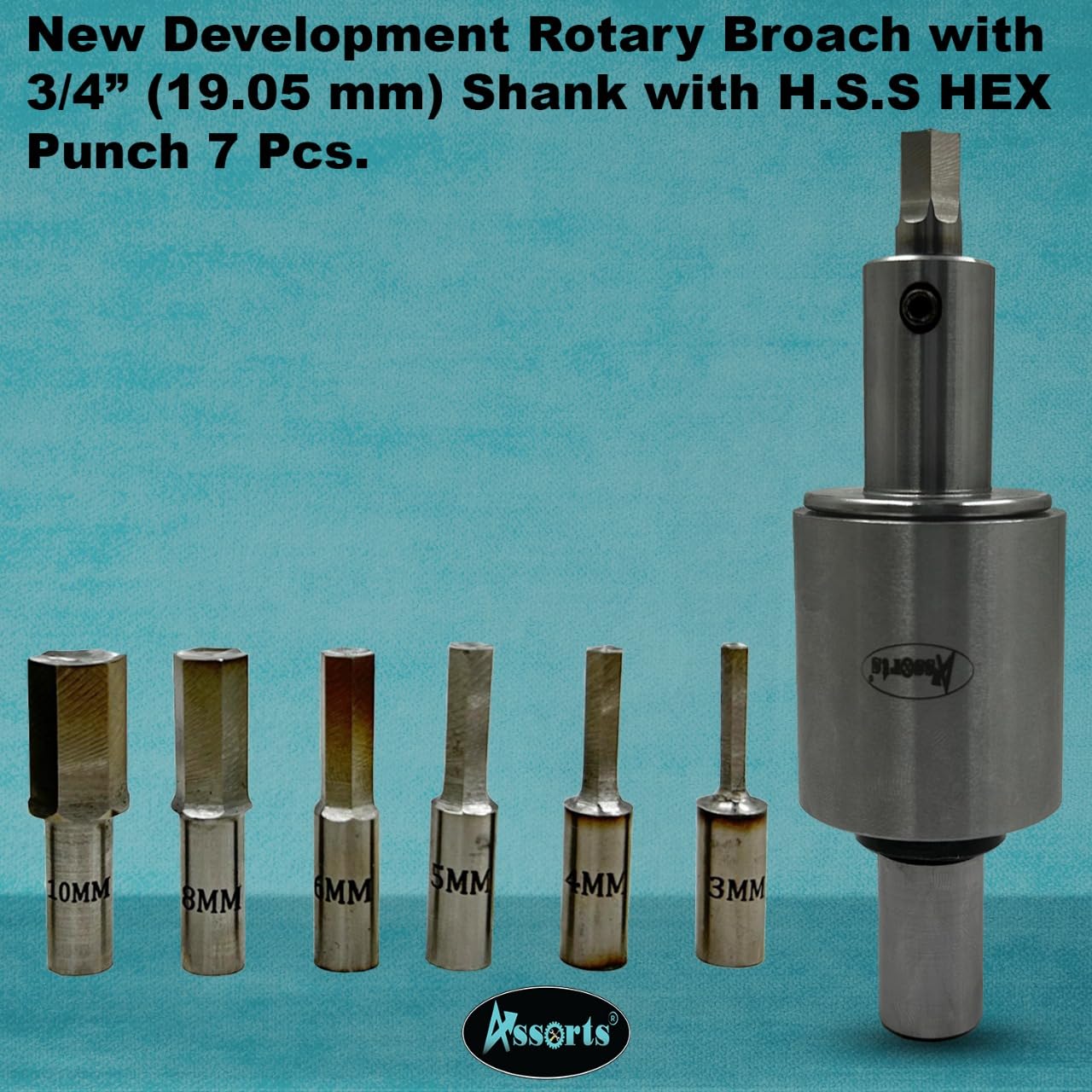 New Development Rotary Broach (Metric) Tool Holder with 3/4" (19.05 mm) Shank + 7 Pcs H.S.S HEX Punch Set (3–12 mm) – Precision Tool for Lathes, Milling, and CNC Machines
